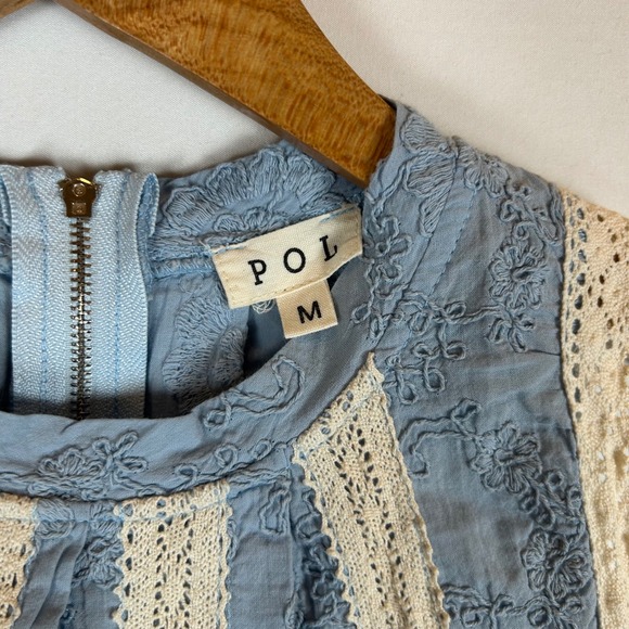 POL Blue Cream Lace Trim Sleeveless Mock Neck Peplum Top Womens Size M - Picture 3 of 11